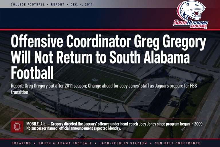 Illustration for the news story: Report: Offensive Coordinator Greg Gregory Will Not Return to South Alabama Football