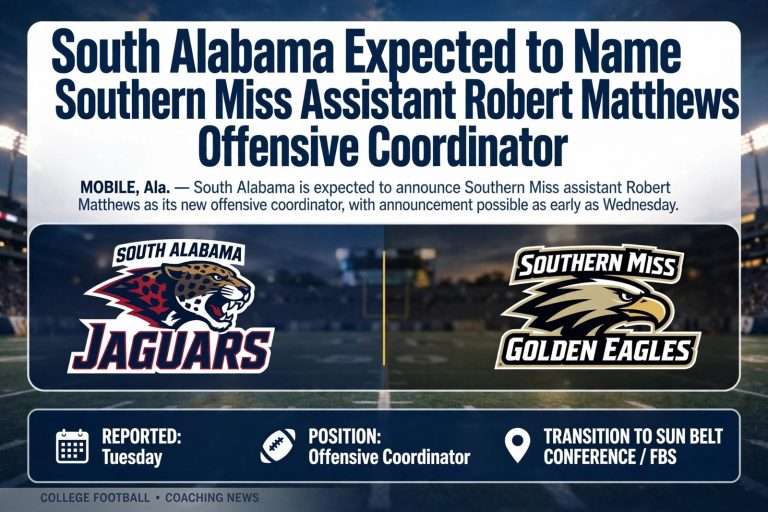 Illustration for the news story: South Alabama Expected to Name Southern Miss Assistant Robert Matthews Offensive Coordinator