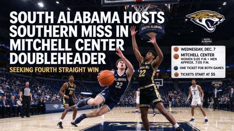 Illustration for the news story: South Alabama Hosts Southern Miss in Mitchell Center Doubleheader, Seeking Fourth Straight Win