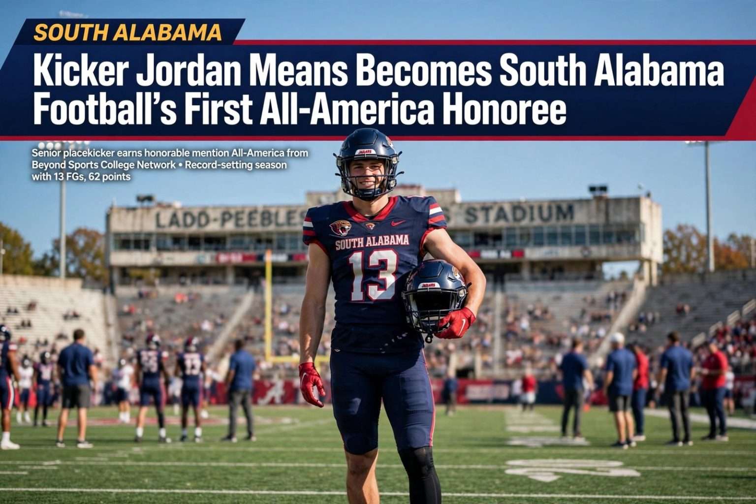 Illustration for the news story: Kicker Jordan Means Becomes South Alabama Football’s First All-America Honoree