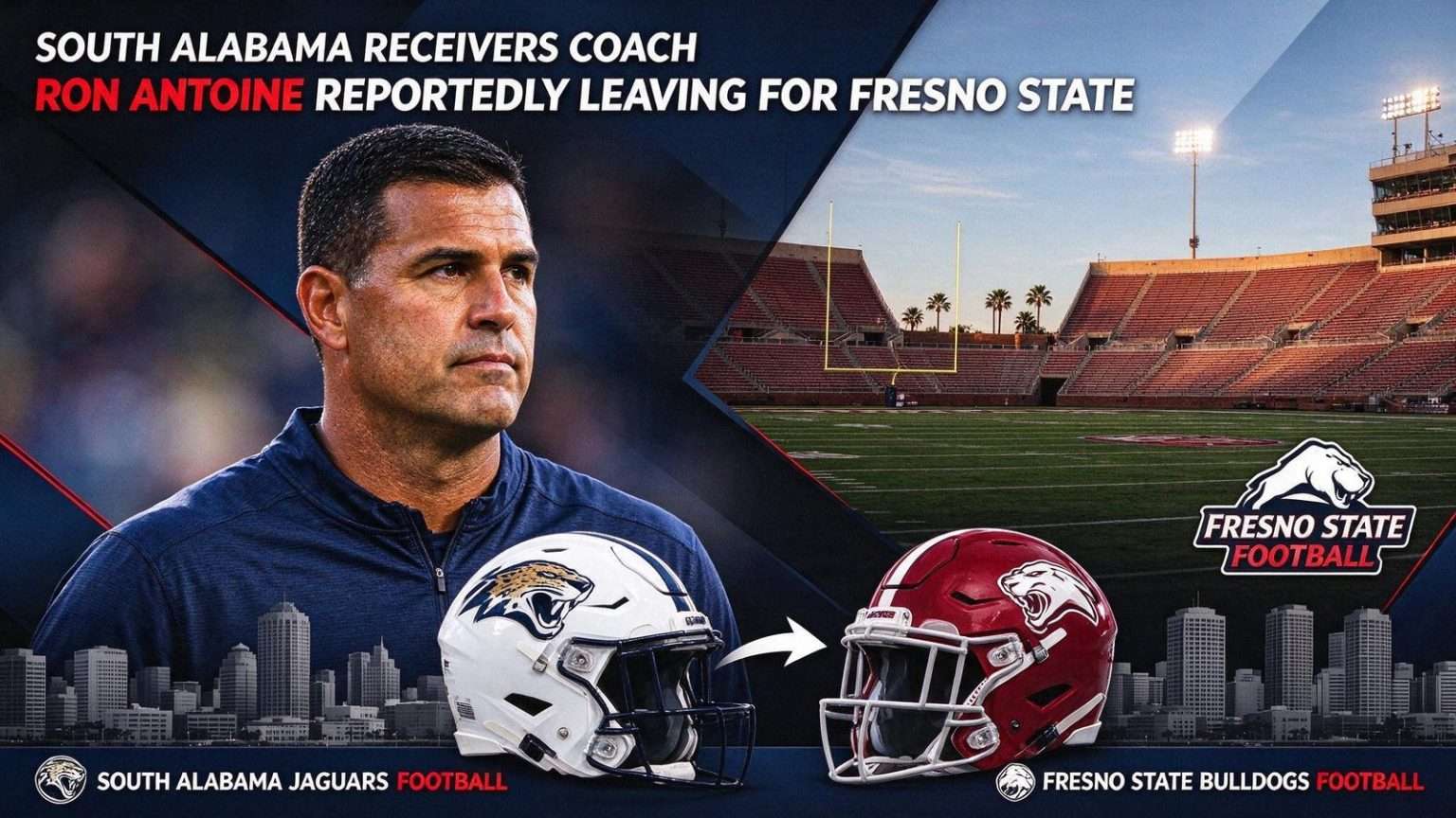 Illustration for the news story: South Alabama Receivers Coach Ron Antoine Reportedly Leaving for Fresno State