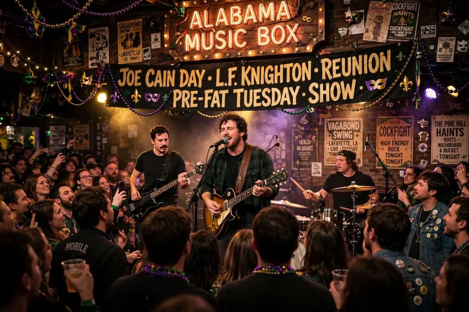 Illustration for the news story: Joe Cain Day at Alabama Music Box: L.F. Knighton Marks Reunion at Packed Pre-Fat Tuesday Show