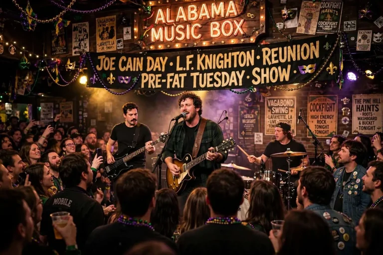Illustration for the news story: Joe Cain Day at Alabama Music Box: L.F. Knighton Marks Reunion at Packed Pre-Fat Tuesday Show