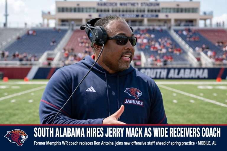 Illustration for the news story: South Alabama Hires Jerry Mack as Wide Receivers Coach, Replacing Ron Antoine
