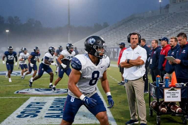 Illustration for the news story: South Alabama Football Makes Up Weather-Canceled Spring Practice in Early Monday Session