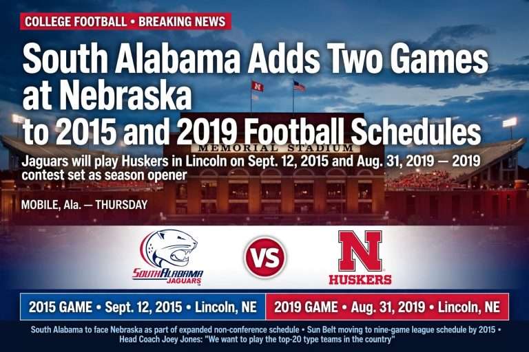 Illustration for the news story: South Alabama Adds Two Games at Nebraska to 2015 and 2019 Football Schedules