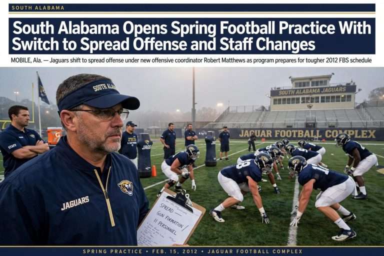 Illustration for the news story: South Alabama Opens Spring Football Practice With Switch to Spread Offense and Staff Changes