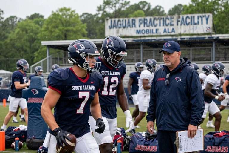 Illustration for the news story: South Alabama Works Through Rain Threat in Second Spring Practice as Spread Offense Takes Shape