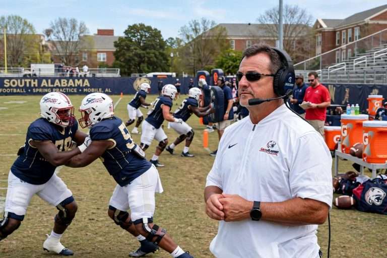 Illustration for the news story: South Alabama Puts on Pads for First Time This Spring as Jaguars Learn Spread Offense