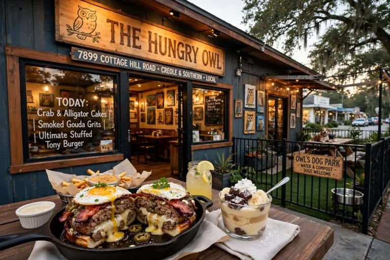 Illustration for the news story: The Hungry Owl: A Stuffed-Burger Success Story on Mobile’s Cottage Hill Corridor