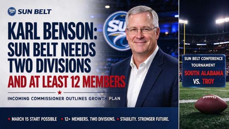 Illustration for the news story: Incoming Commissioner Karl Benson Says Sun Belt Needs Two Divisions And At Least 12 Members