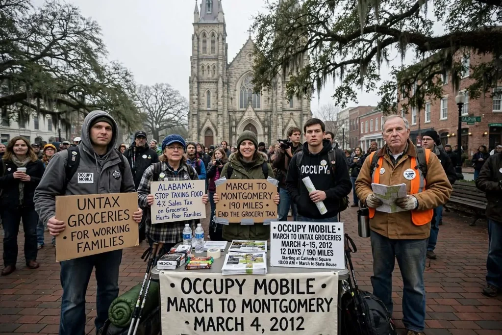 Illustration for the news story: Occupy Mobile Marchers Begin 190-Mile Walk to Montgomery Over Grocery Tax