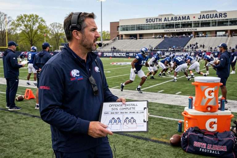 Illustration for the news story: South Alabama Reaches Midpoint of Spring Practice as Robert Matthews Installs New Offense