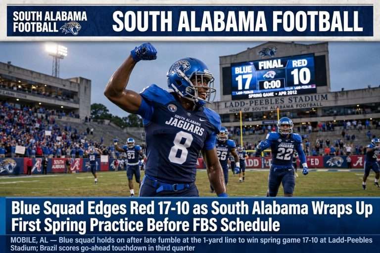 Illustration for the news story: Blue Squad Edges Red 17-10 as South Alabama Wraps Up First Spring Practice Before FBS Schedule