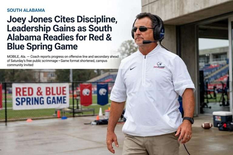 Illustration for the news story: Joey Jones Cites Discipline, Leadership Gains as South Alabama Readies for Red & Blue Spring Game
