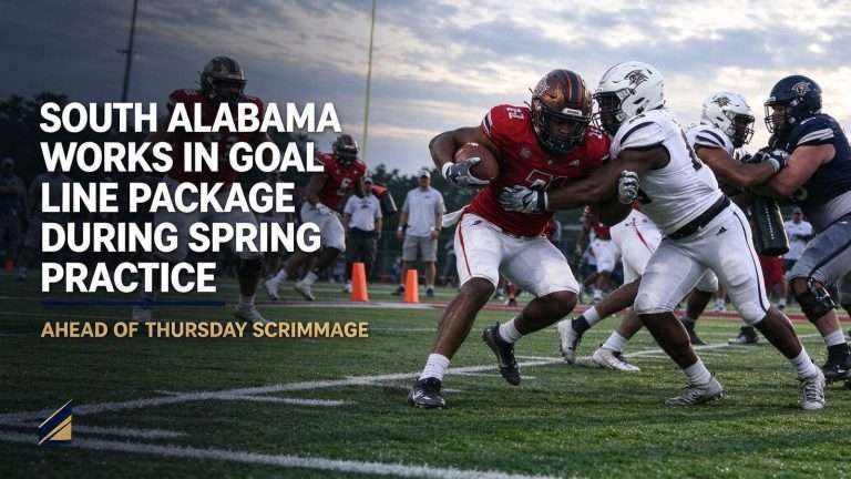 Illustration for the news story: South Alabama Works In Goal Line Package During Spring Practice Ahead of Thursday Scrimmage