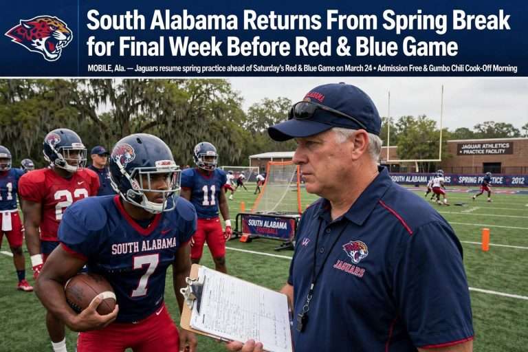 Illustration for the news story: South Alabama Returns From Spring Break for Final Week Before Red & Blue Game