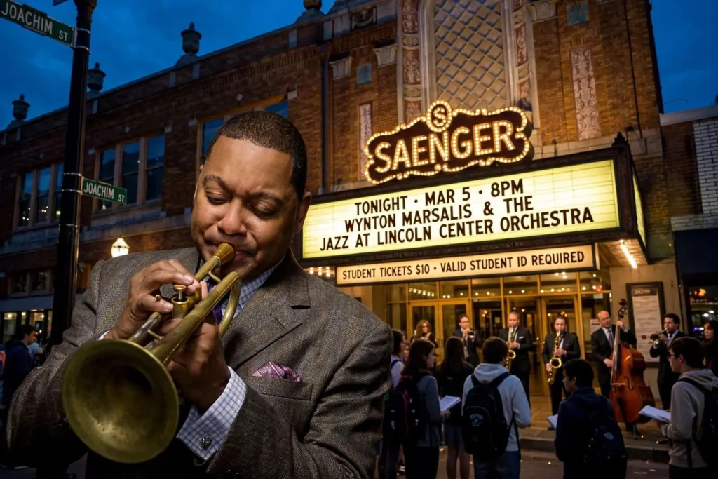 Illustration for the news story: Wynton Marsalis and the Jazz at Lincoln Center Orchestra Play the Saenger Monday