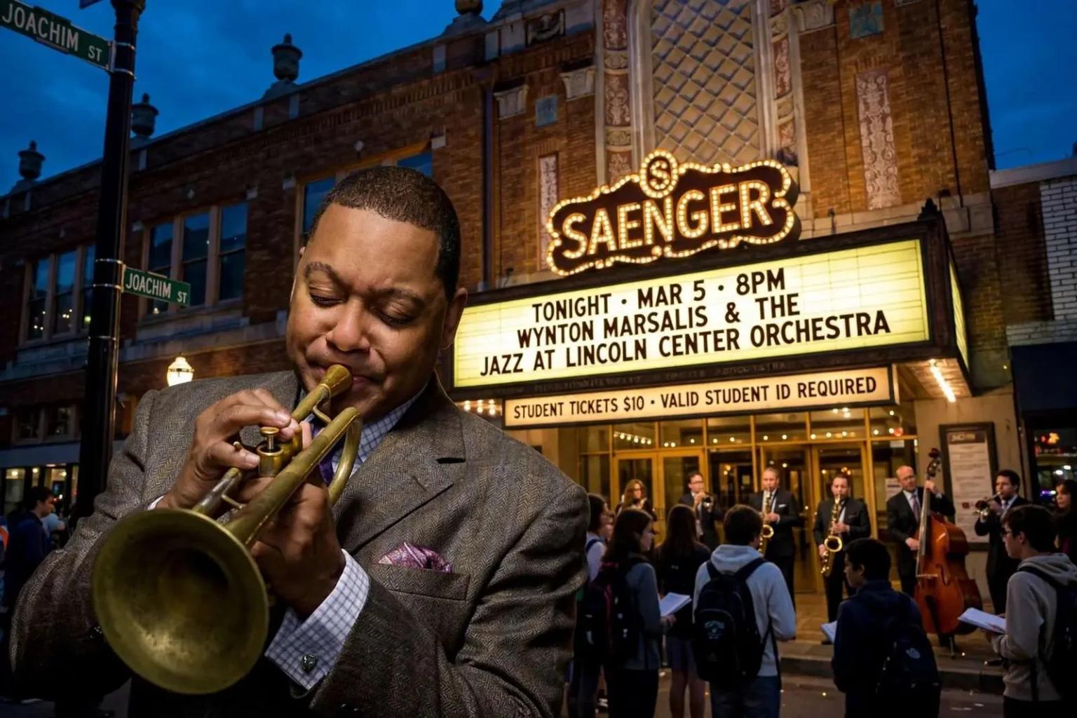 Illustration for the news story: Wynton Marsalis and the Jazz at Lincoln Center Orchestra Play the Saenger Monday