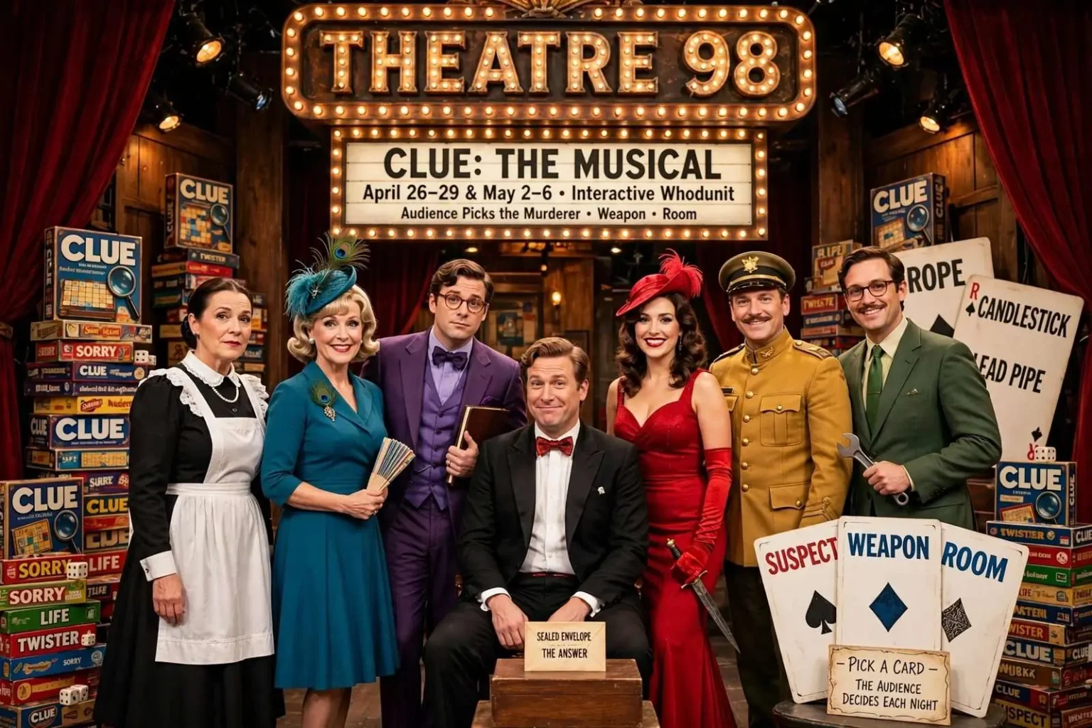 Illustration for the news story: Clue: The Musical Turns a Board Game Into an Interactive Whodunit at Theatre 98
