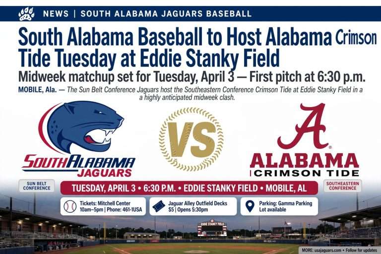Illustration for the news story: South Alabama Baseball to Host Alabama Crimson Tide Tuesday at Eddie Stanky Field