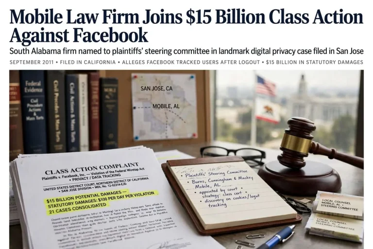 Illustration for the news story: Mobile Law Firm Joins $15 Billion Class Action Against Facebook