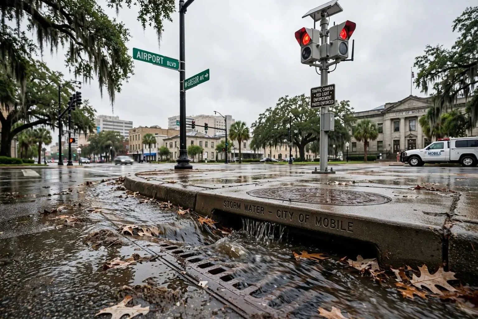 Illustration for the news story: Uncollected Storm Water Fees and Camera Plans Weigh on Mobile’s Budget
