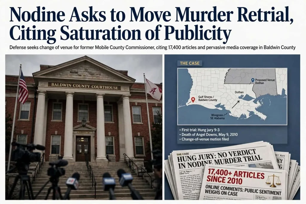 Illustration for the news story: Nodine Asks to Move Murder Retrial, Citing Saturation of Publicity