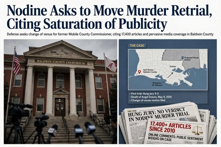 Illustration for the news story: Nodine Asks to Move Murder Retrial, Citing Saturation of Publicity