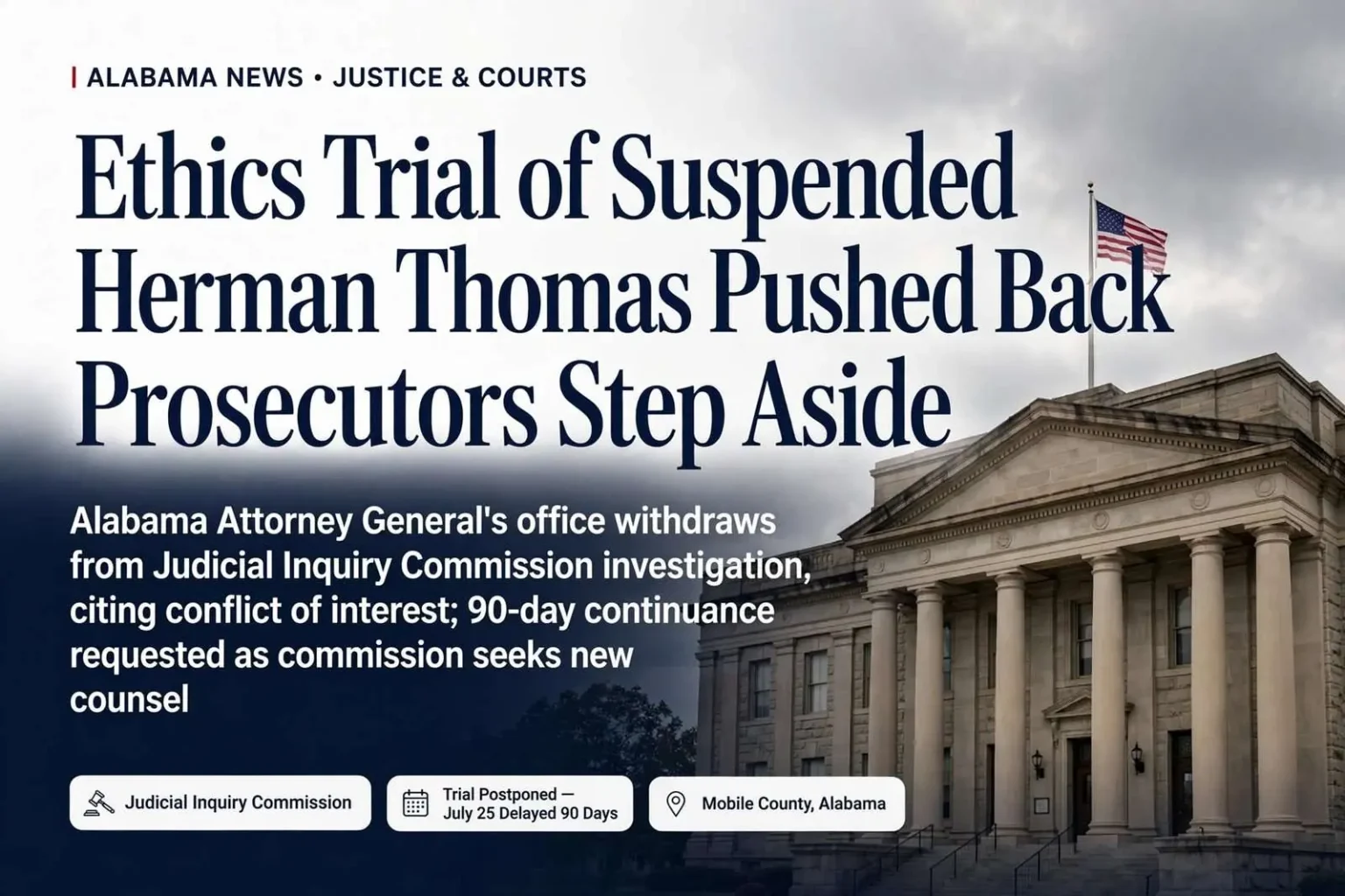 Illustration for the news story: Ethics Trial of Suspended Judge Herman Thomas Pushed Back as Prosecutors Step Aside