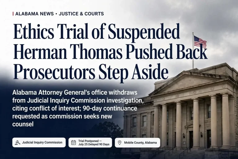 Illustration for the news story: Ethics Trial of Suspended Judge Herman Thomas Pushed Back as Prosecutors Step Aside