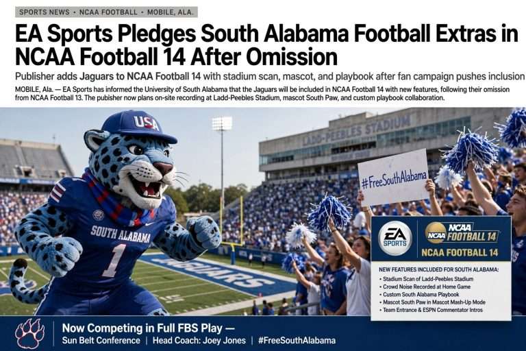 Illustration for the news story: EA Sports Pledges South Alabama Football Extras in NCAA Football 14 After Omission