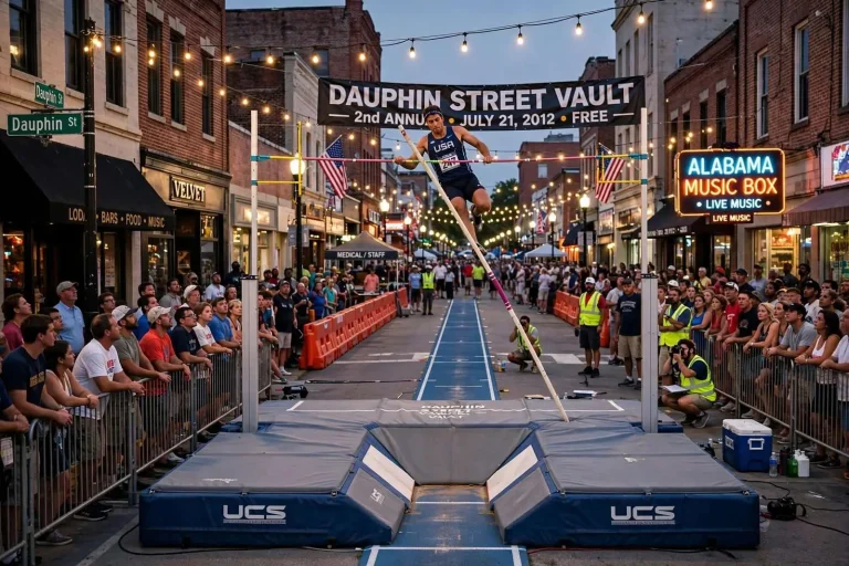 Illustration for the news story: Dauphin Street Vault Returns to Downtown Mobile for a Day of Pole Vaulting (July 21, 2012)