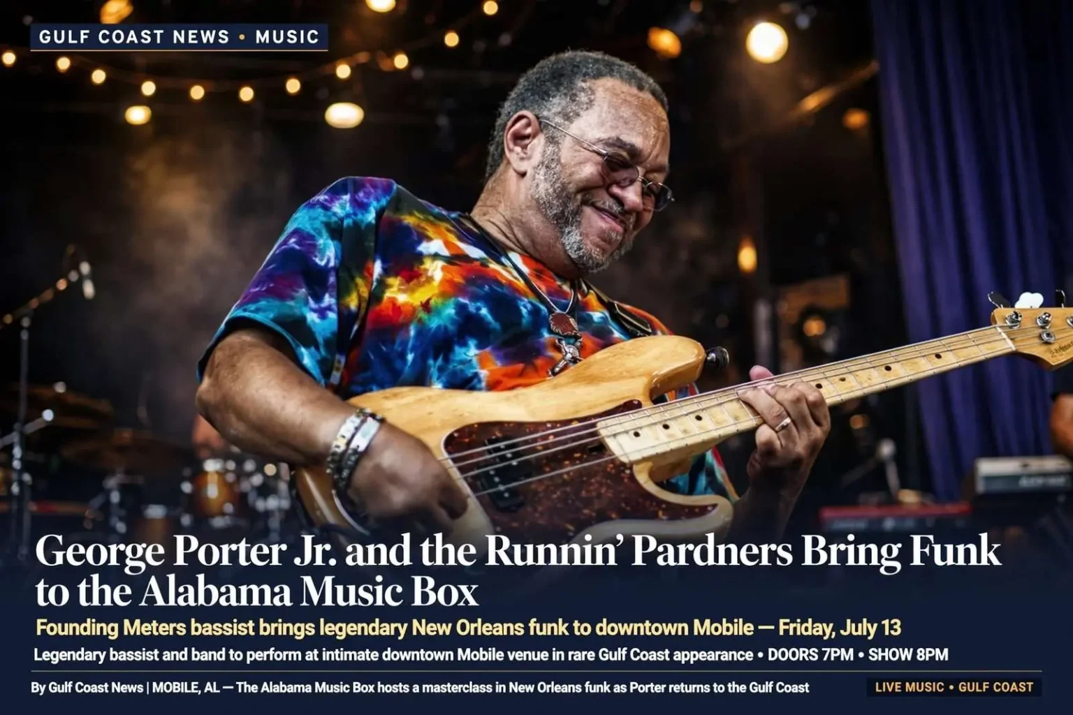 Illustration for the news story: George Porter Jr. and the Runnin’ Pardners Bring Funk to the Alabama Music Box
