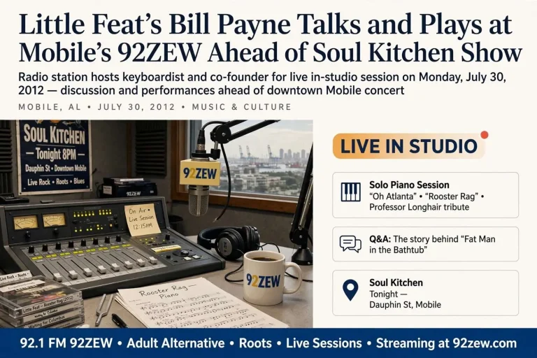 Illustration for the news story: Little Feat’s Bill Payne Talks and Plays at Mobile’s 92ZEW Ahead of Soul Kitchen Show
