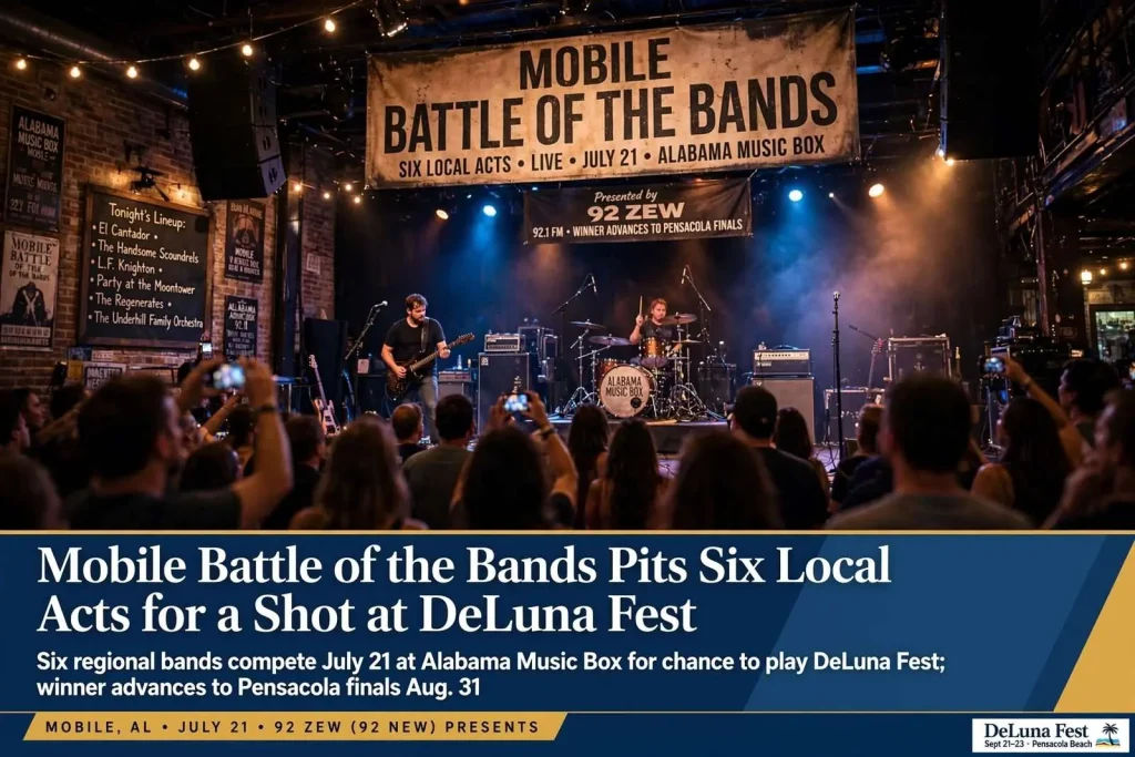 Illustration for the news story: Mobile Battle of the Bands Pits Six Local Acts for a Shot at DeLuna Fest