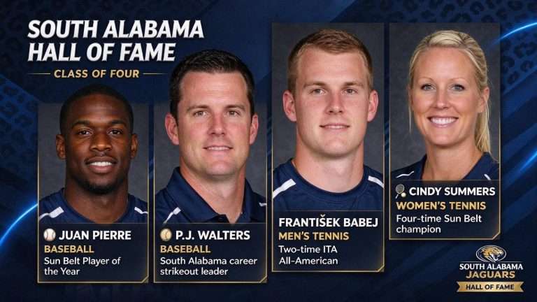 Illustration for the news story: Juan Pierre, P.J. Walters, Frantisek Babej and Cindy Summers Named to South Alabama Hall of Fame