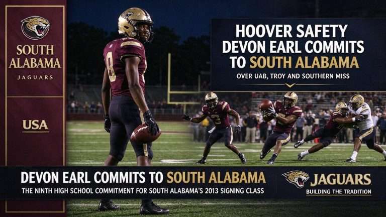 Illustration for the news story: Hoover Safety Devon Earl Commits to South Alabama Over UAB, Troy and Southern Miss