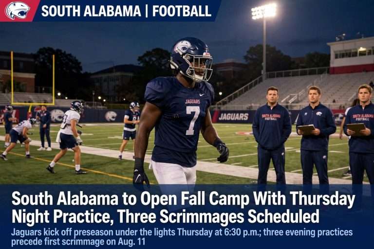 Illustration for the news story: South Alabama to Open Fall Camp With Thursday Night Practice, Three Scrimmages Scheduled