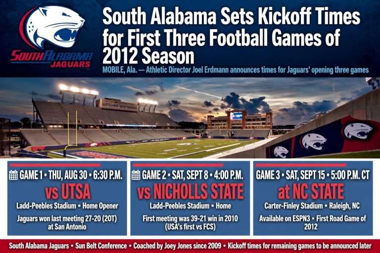 Illustration for the news story: South Alabama Sets Kickoff Times for First Three Football Games of 2012 Season