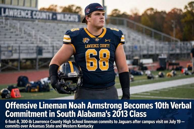 Illustration for the news story: Offensive Lineman Noah Armstrong Becomes 10th Verbal Commitment in South Alabama’s 2013 Class