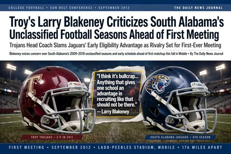 Illustration for the news story: Troy’s Larry Blakeney Criticizes South Alabama’s Unclassified Football Seasons Ahead of First Meeting