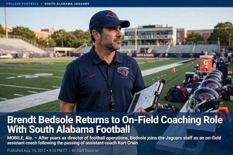 Illustration for the news story: Brendt Bedsole Returns to On-Field Coaching Role With South Alabama Football