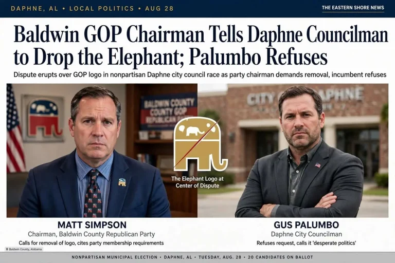 Illustration for the news story: Baldwin GOP Chairman Tells Daphne Councilman to Drop the Elephant; Palumbo Refuses