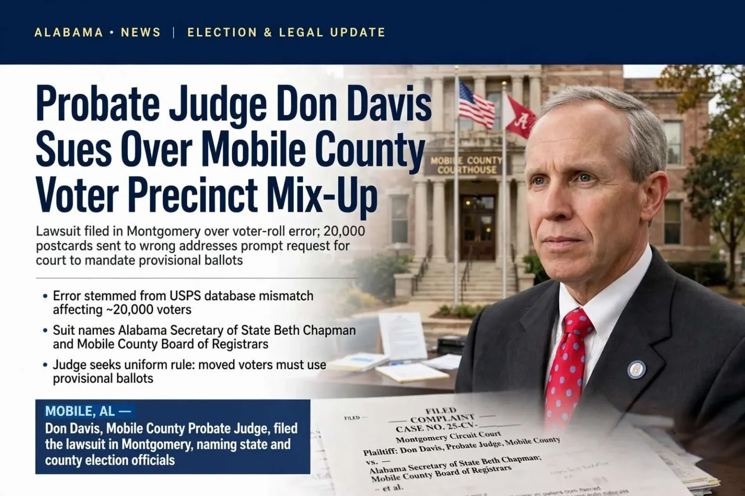 Illustration for the news story: Probate Judge Don Davis Sues Over Mobile County Voter Precinct Mix-Up
