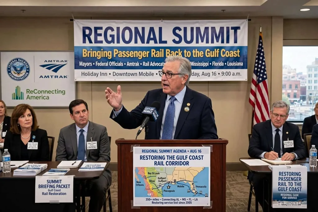 Illustration for the news story: Mobile Hosts Regional Summit on Bringing Passenger Rail Back to the Gulf Coast