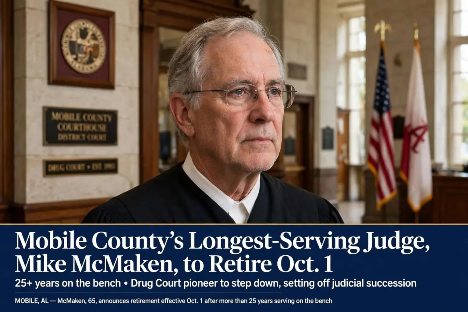 Illustration for the news story: Mobile County’s Longest-Serving Judge, Mike McMaken, to Retire Oct. 1
