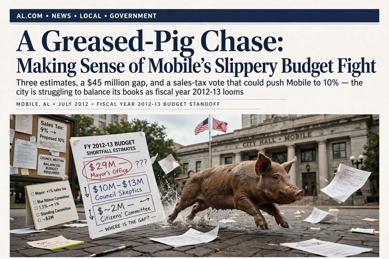 Illustration for the news story: A Greased-Pig Chase: Making Sense of Mobile’s Slippery Budget Fight