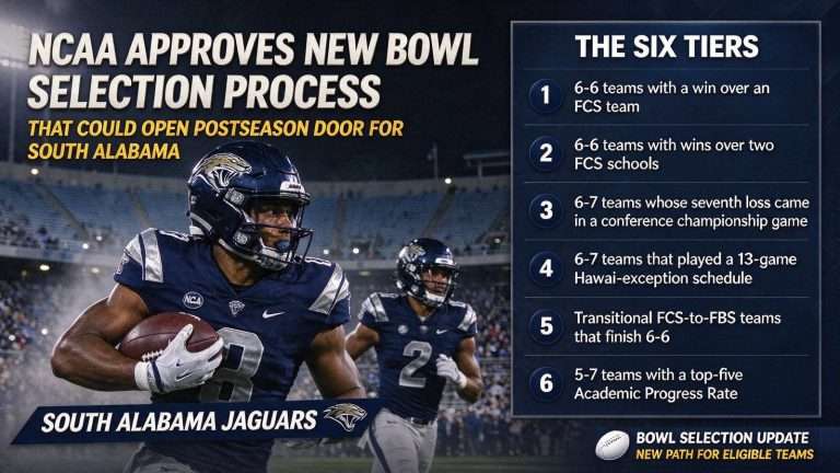 Illustration for the news story: NCAA Approves New Bowl Selection Process That Could Open Postseason Door for South Alabama