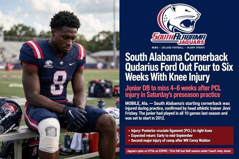 Illustration for the news story: South Alabama Cornerback Qudarius Ford Out Four to Six Weeks With Knee Injury